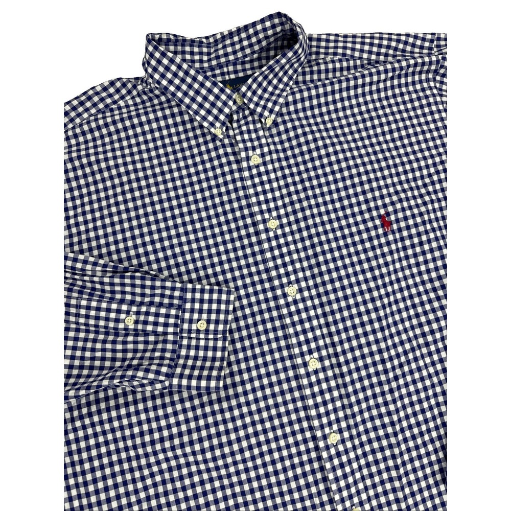 Ralph Lauren Shirt Men's 3XB Blue Gingham Check Red Pony Long Sleeve 100 Cotton